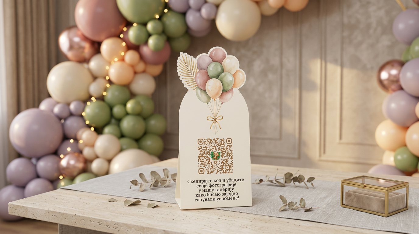 EventQR kartica sa QR kodom pored dekoracije od balona na privatnoj proslavi