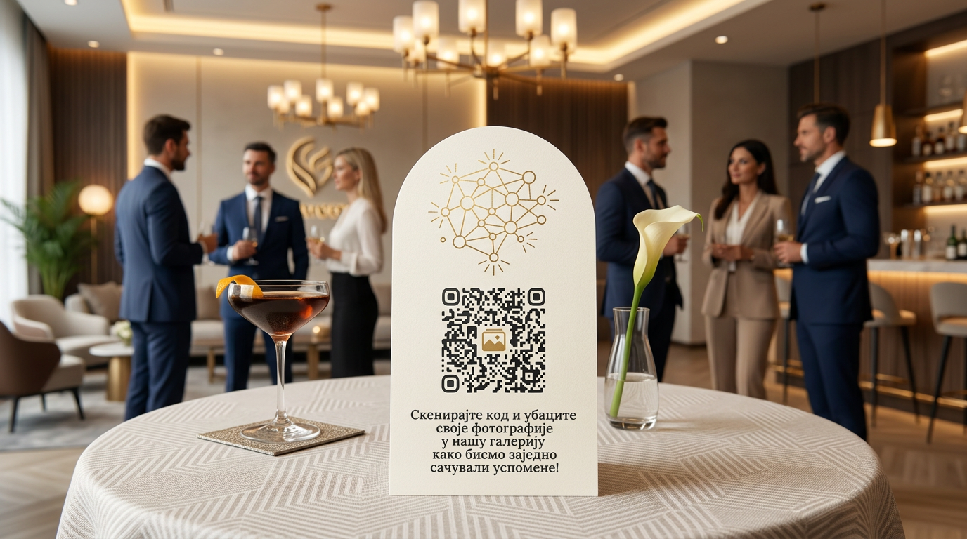 EventQR kartica sa QR kodom na korporativnoj proslavi u elegantnom prostoru