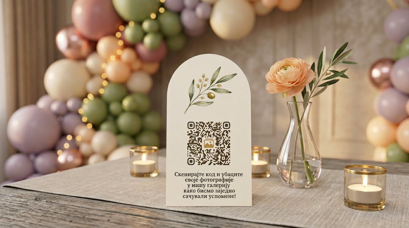 Manja EventQR kartica sa QR kodom uz dekoraciju i sveće na privatnoj proslavi