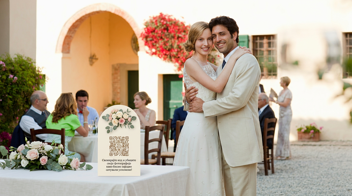 EventQR kartica sa cvetnim detaljima i QR kodom u dvorištu tokom svadbenog prijema