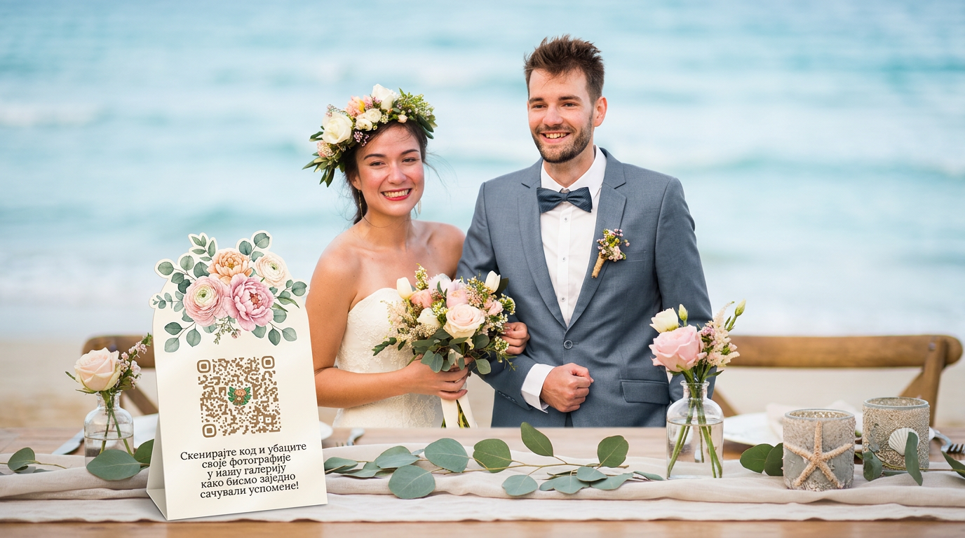 EventQR svadbena kartica sa QR kodom na stolu uz mladence na plaži